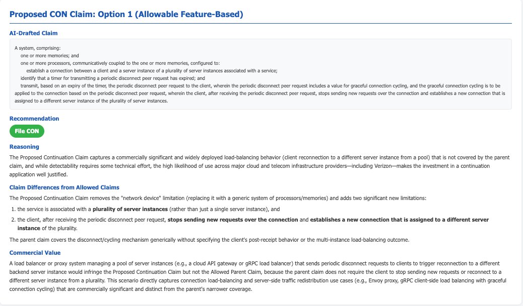 Continuation Recommendation Report showing patent family analysis