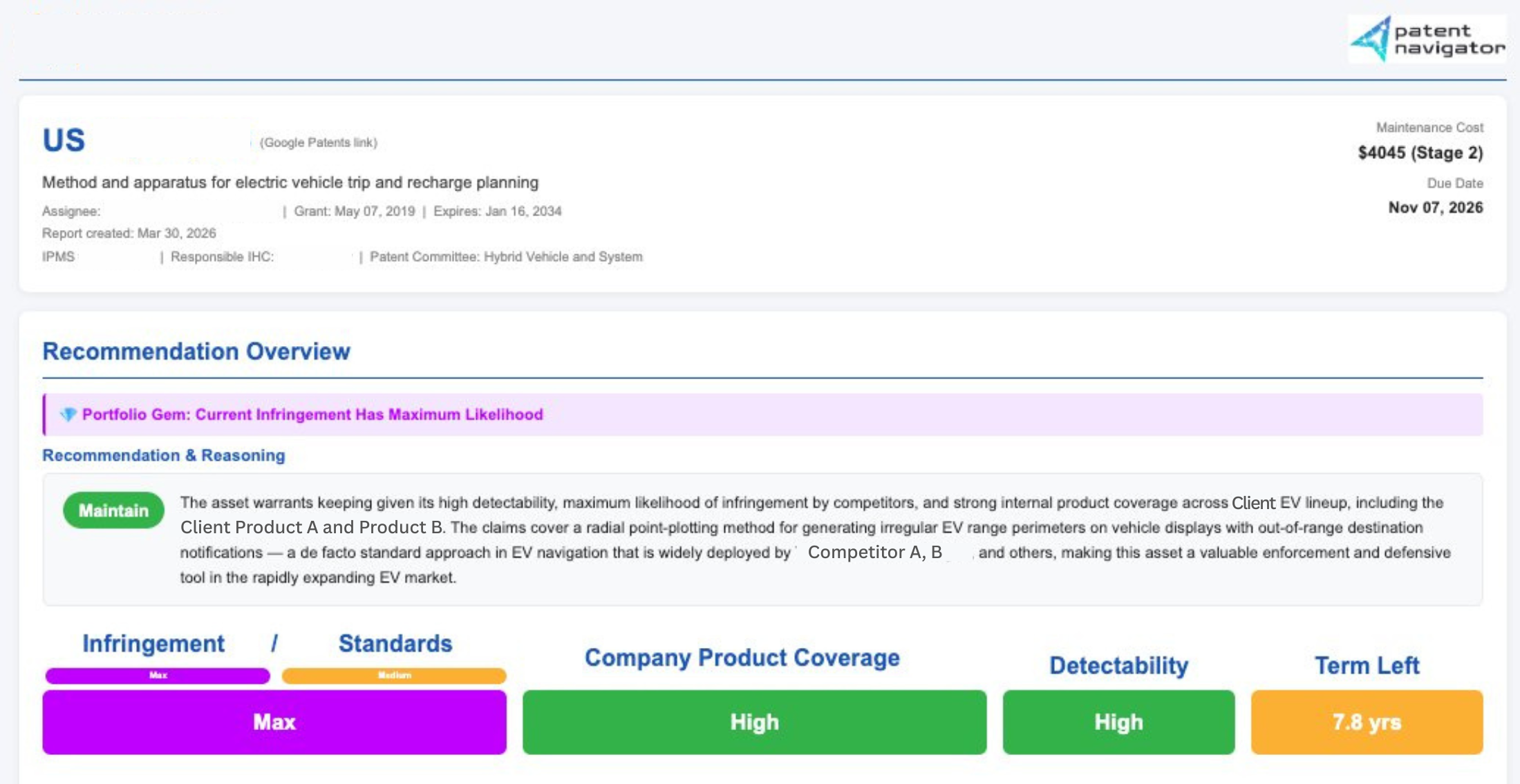 Maintenance Fee Report showing upcoming patent fee obligations