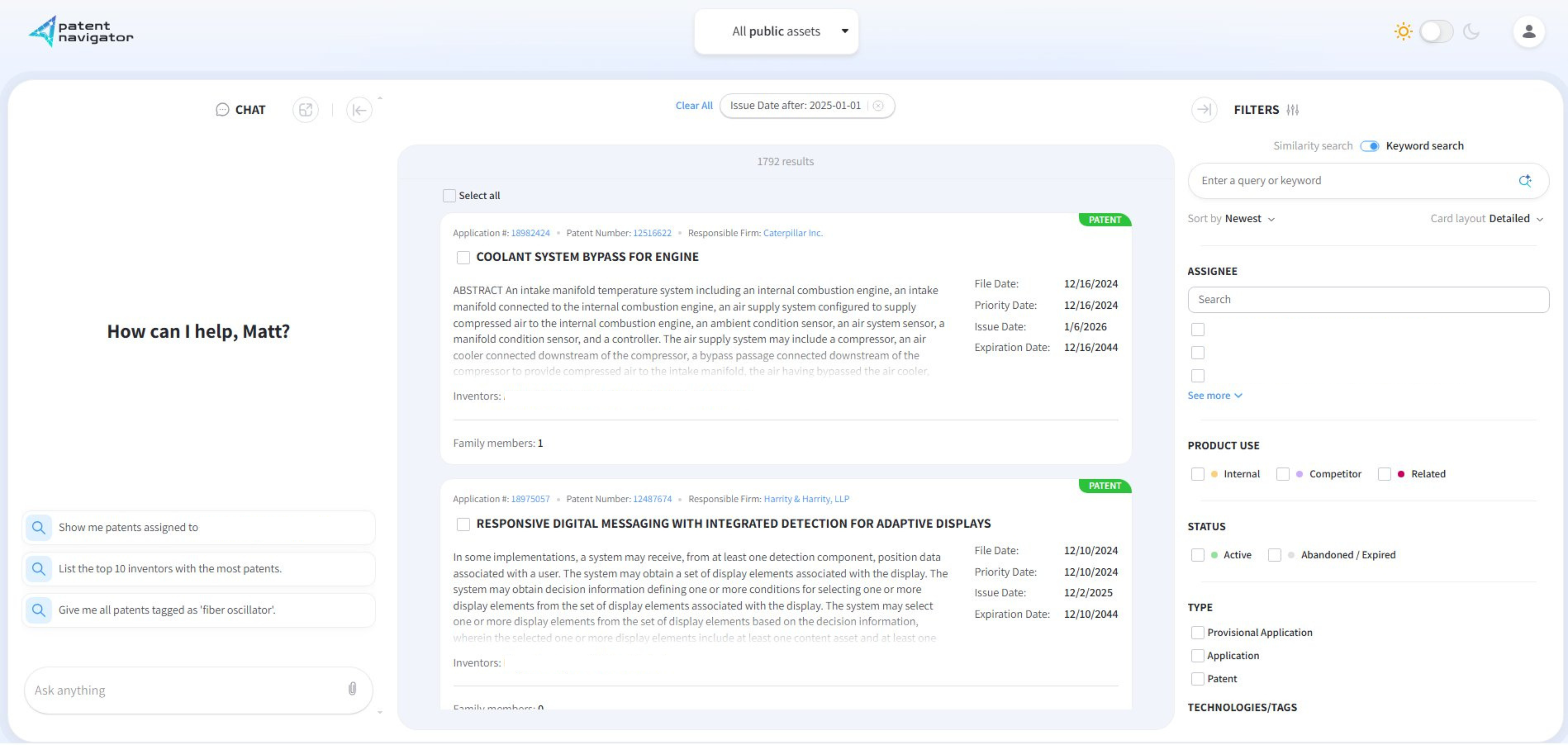 Patent Navigator™ Dashboard showing IP portfolio analysis and filters